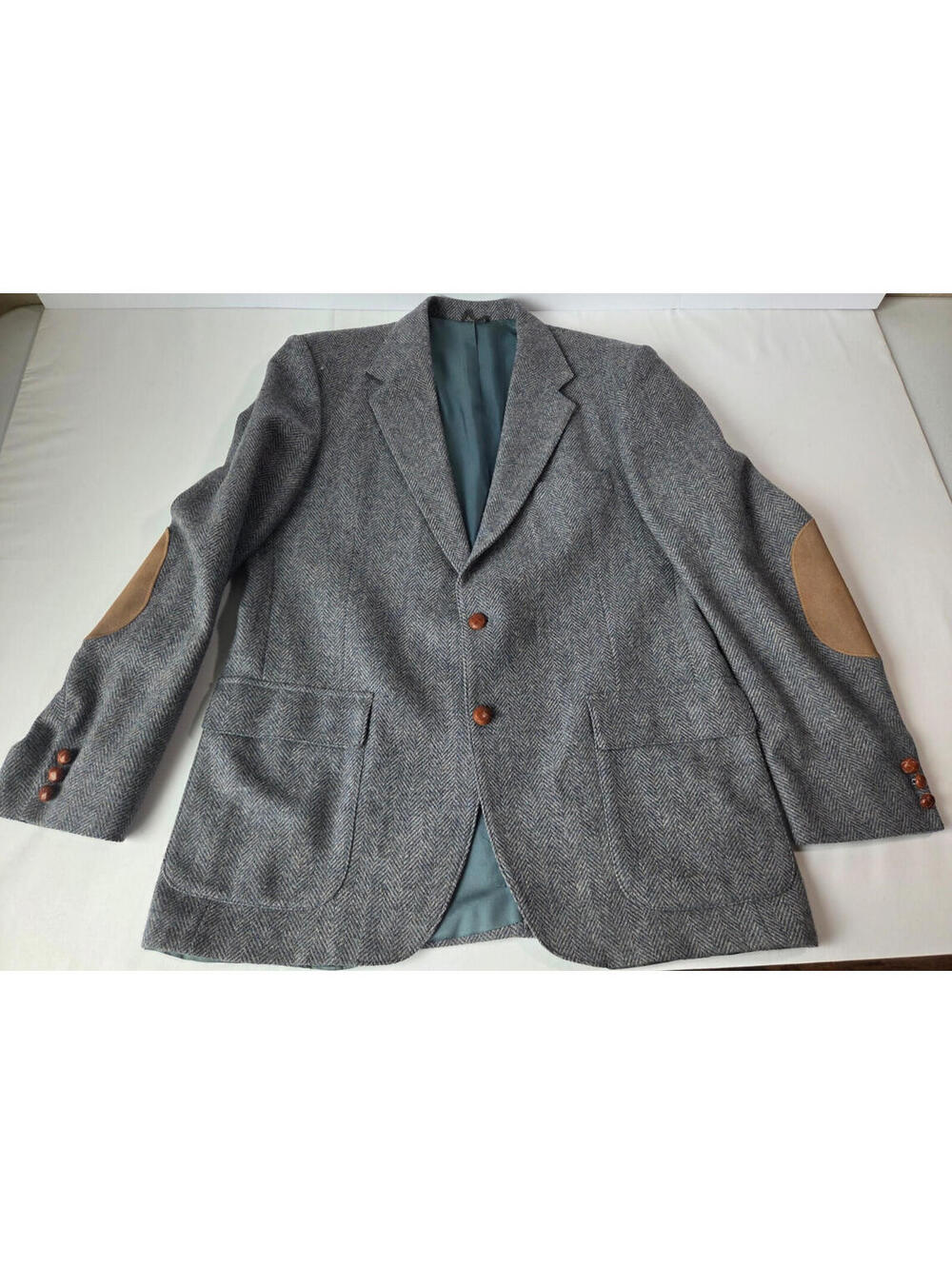 Wolff By Farah Mens Blazer 44L Gray Herringbone Wool Elbow Patch Jacket